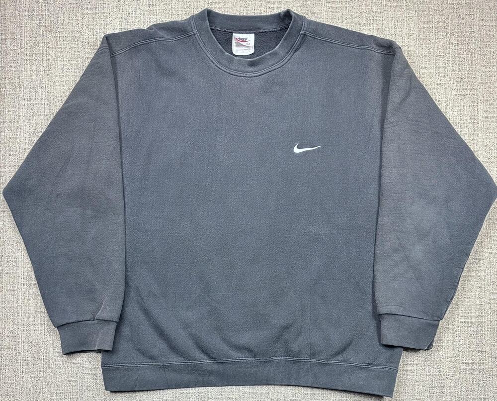 Vintage Nike Sweatshirt L Black Crewneck Pullover Swoosh Embroidered Fleece 90s